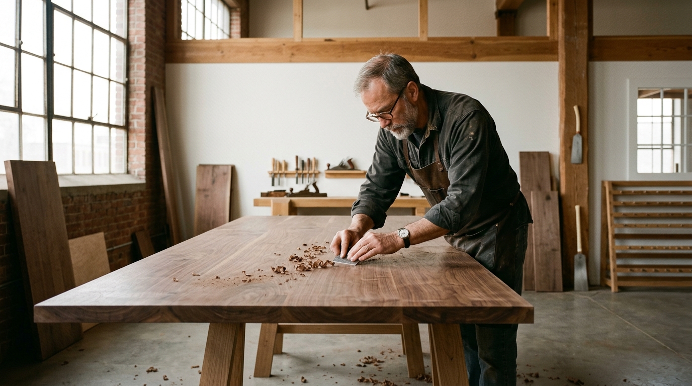 Blue Jay Studios craftsman hand-finishing a solid American hardwood table